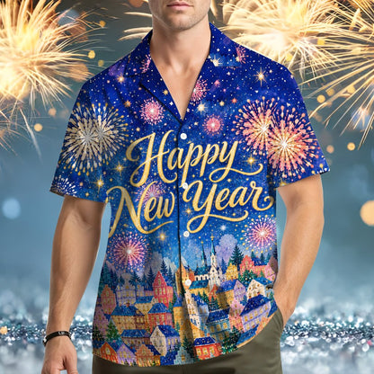 Lifestyle view of a family wearing the matching new years eve hawaiian shirts