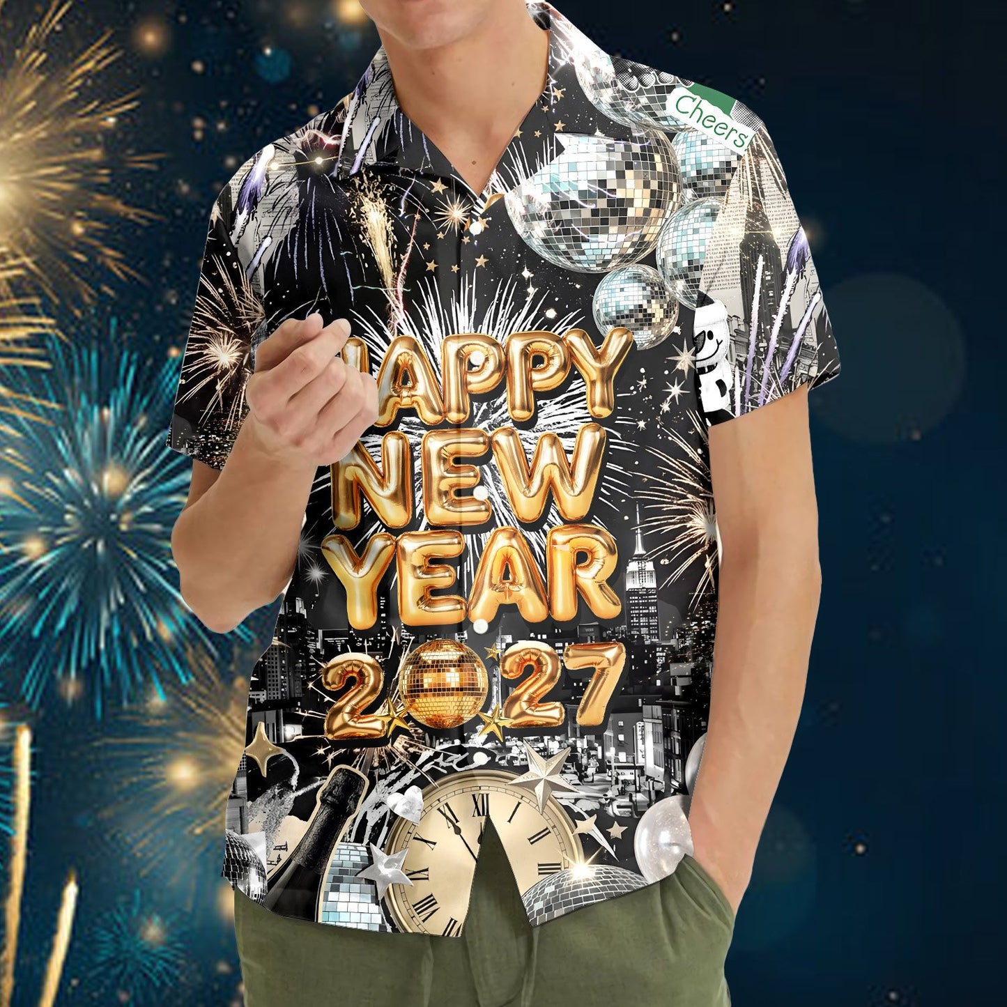Lifestyle view of someone wearing the new years hawaiian shirt