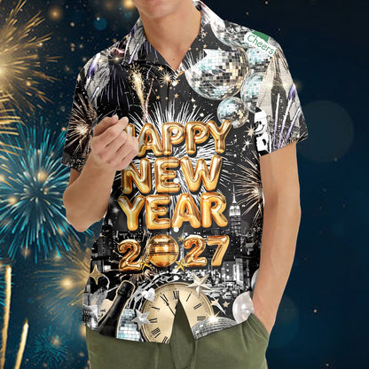 Lifestyle view of someone wearing the new years hawaiian shirt
