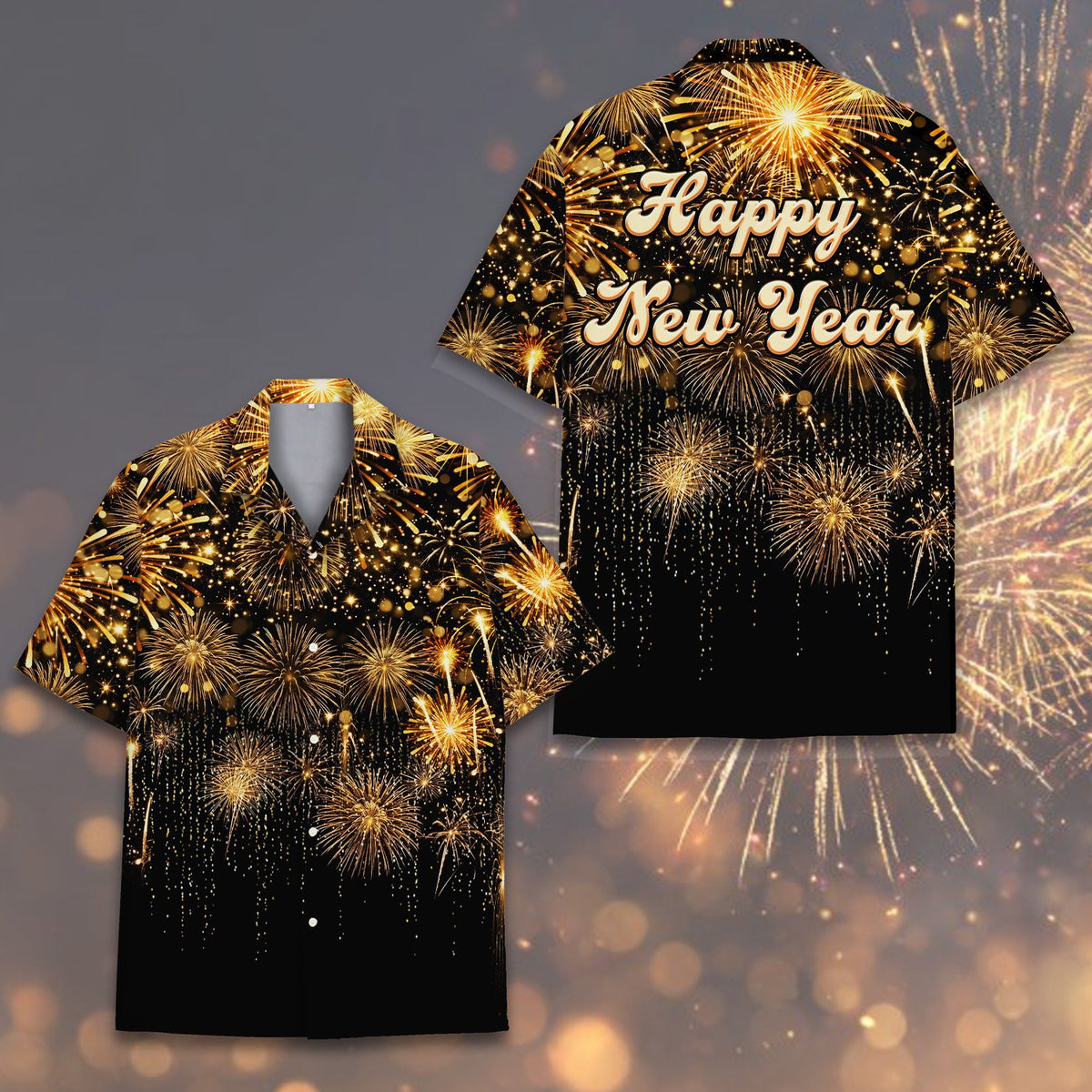 Detailed pattern view of golden fireworks on the new Hawaiian shirt