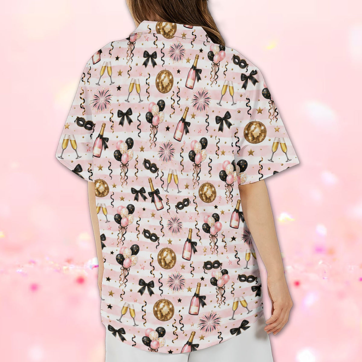 Alternate back view of the matching family hawaiian shirt displaying disco balls and confetti.