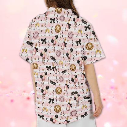 Alternate back view of the matching family hawaiian shirt displaying disco balls and confetti.