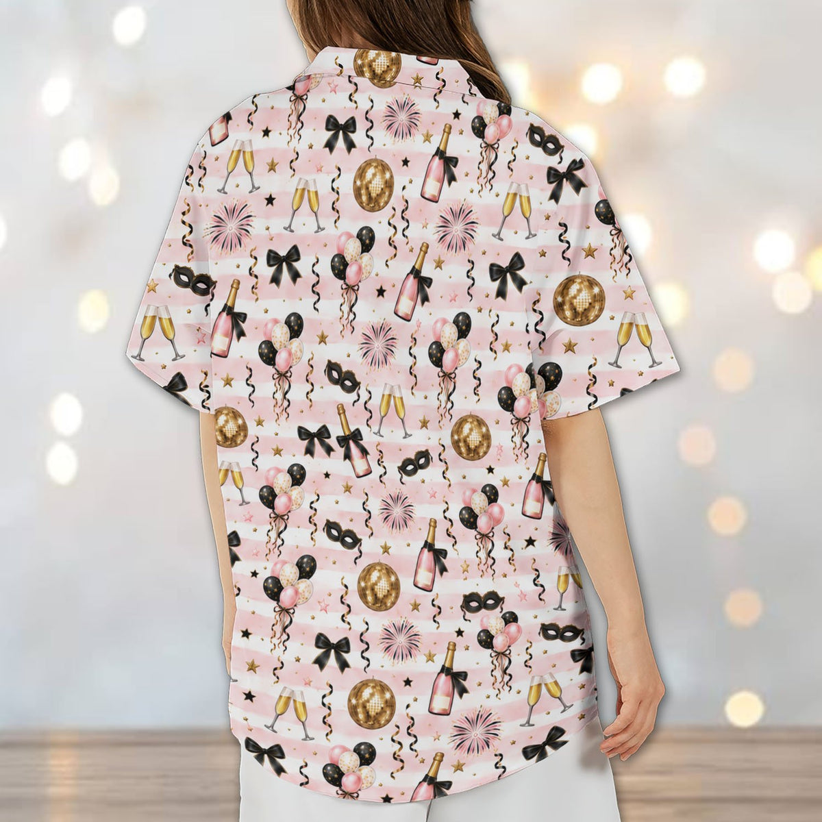 Detailed back view of the holiday hawaiian shirt showcasing the vibrant all-over party theme.