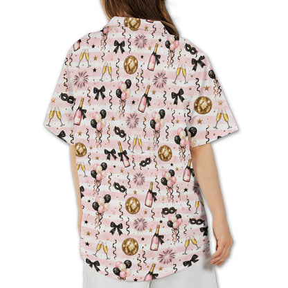 Back view of the new years hawaiian shirt showing the continuous celebration print on pink stripes.