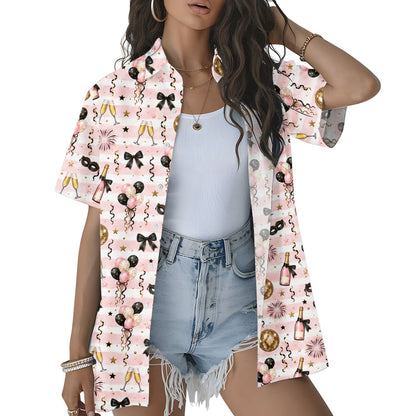 Another front view of the family matching hawaiian shirt with pink and white stripes and celebration motifs.