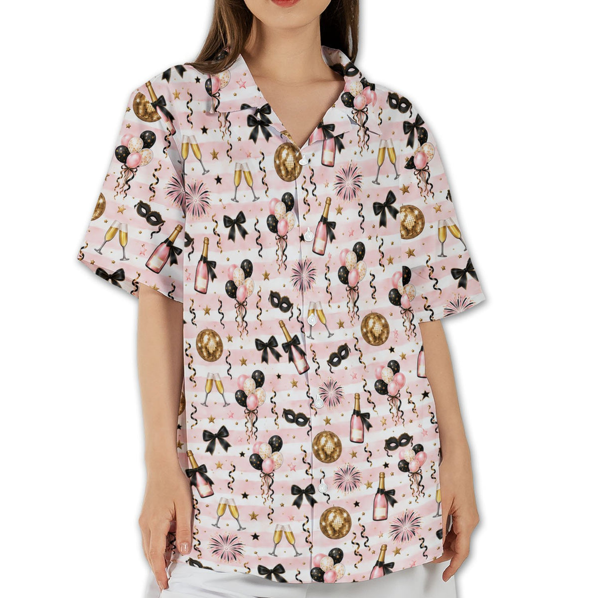 Close front view of the new years hawaiian shirt with festive masquerade masks and balloon details.