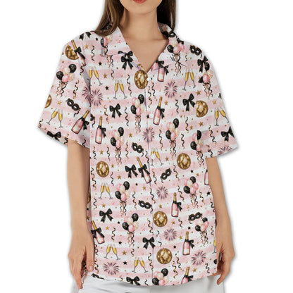 Close front view of the new years hawaiian shirt with festive masquerade masks and balloon details.