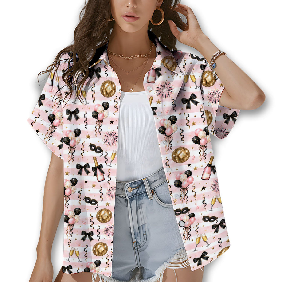 Alternate front view of the festive matching family hawaiian shirt displaying New Year's Eve party graphics.