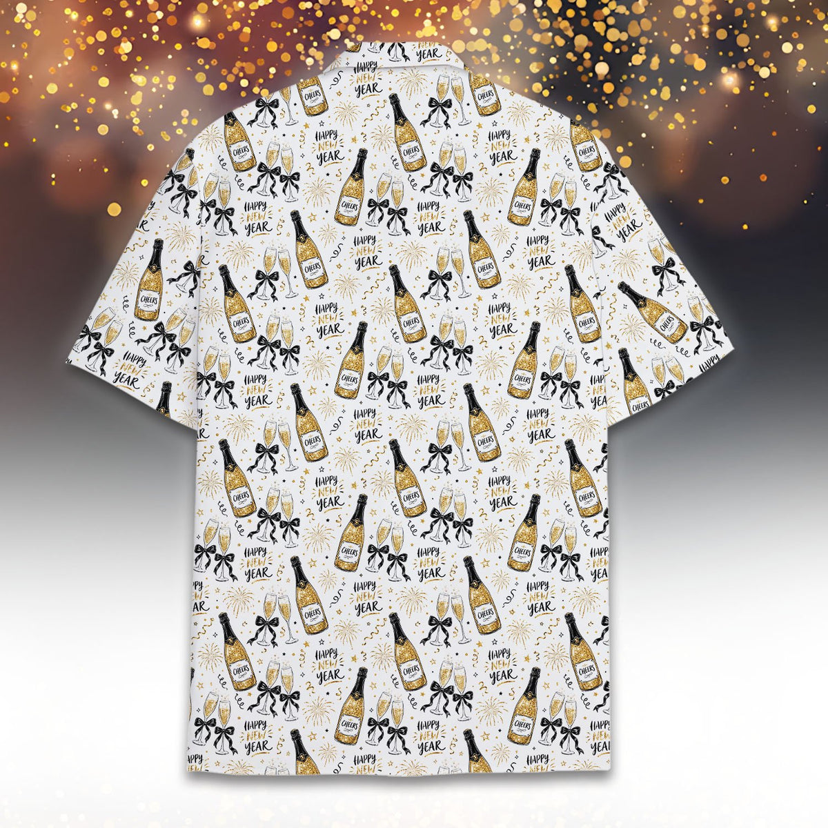 Back view of the white new year hawaiian shirt with fireworks and stars