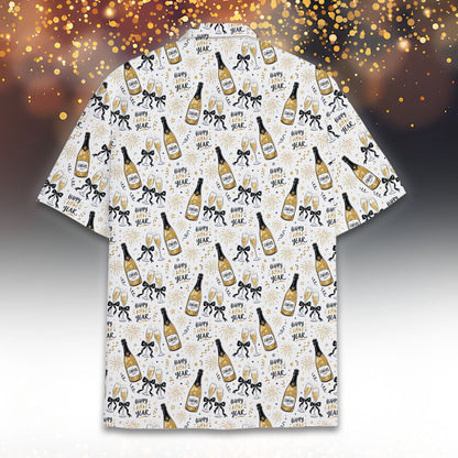 Back view of the white new year hawaiian shirt with fireworks and stars