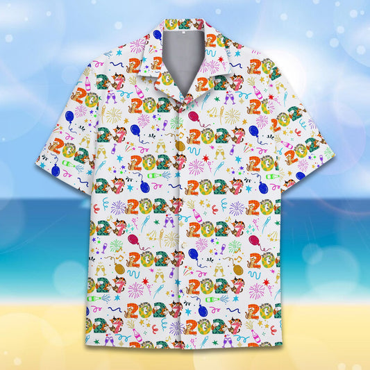 White new hawaiian shirt featuring 2027 New Year cat design, main view