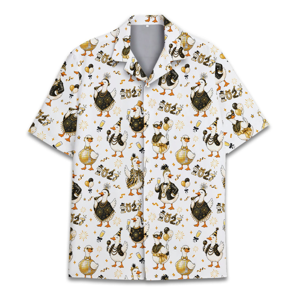 White new years hawaiian shirt with festive cartoon ducks print, front view