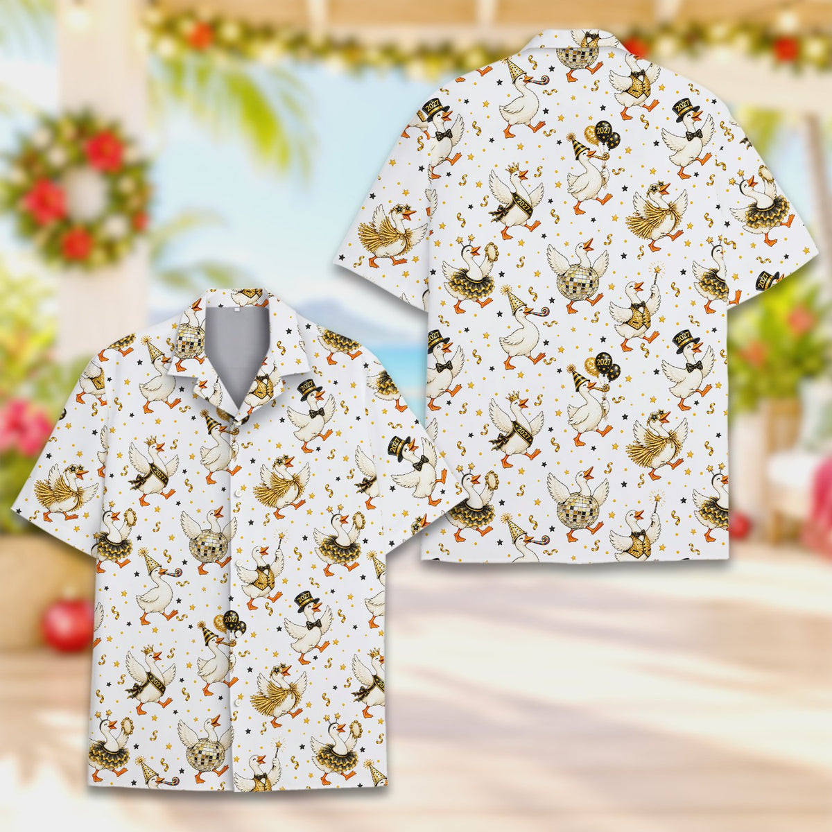 New year hawaiian shirt featuring party geese and gold stars on white background, main view