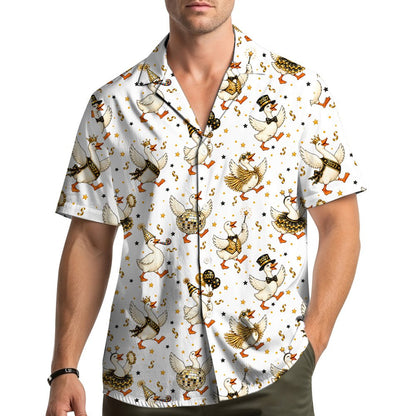 Lifestyle image of someone wearing the white new year hawaiian shirt with party geese