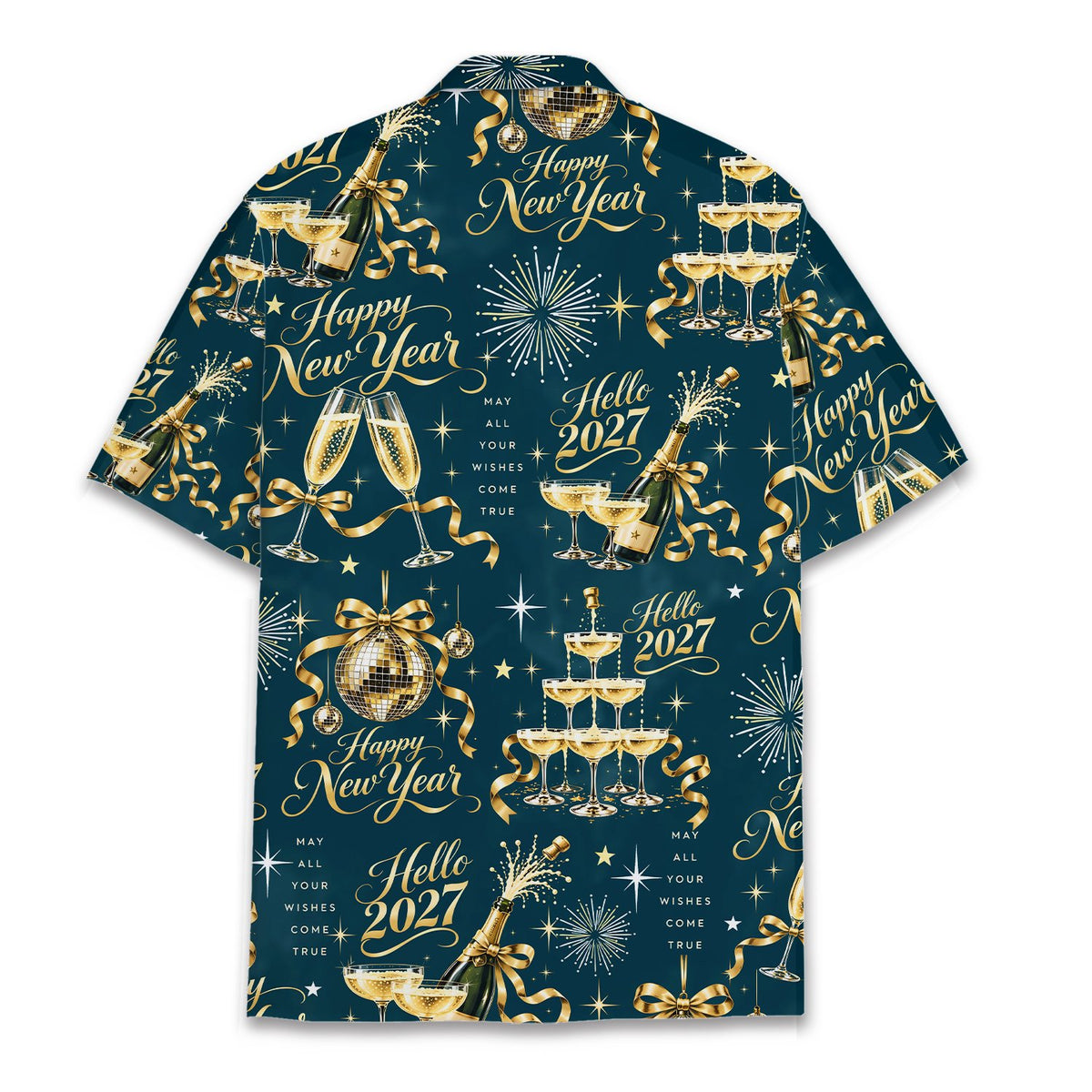 Detailed back view of New Year hawaiian shirt
