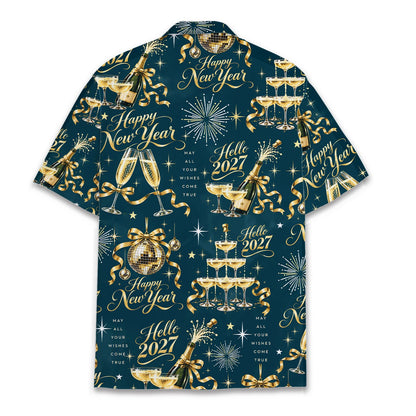 Detailed back view of New Year hawaiian shirt