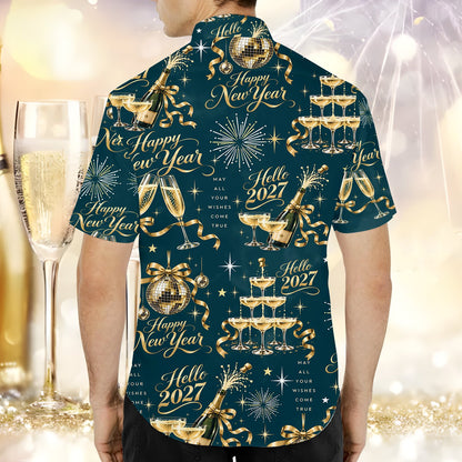 Back view of navy new hawaiian shirt with gold festive elements