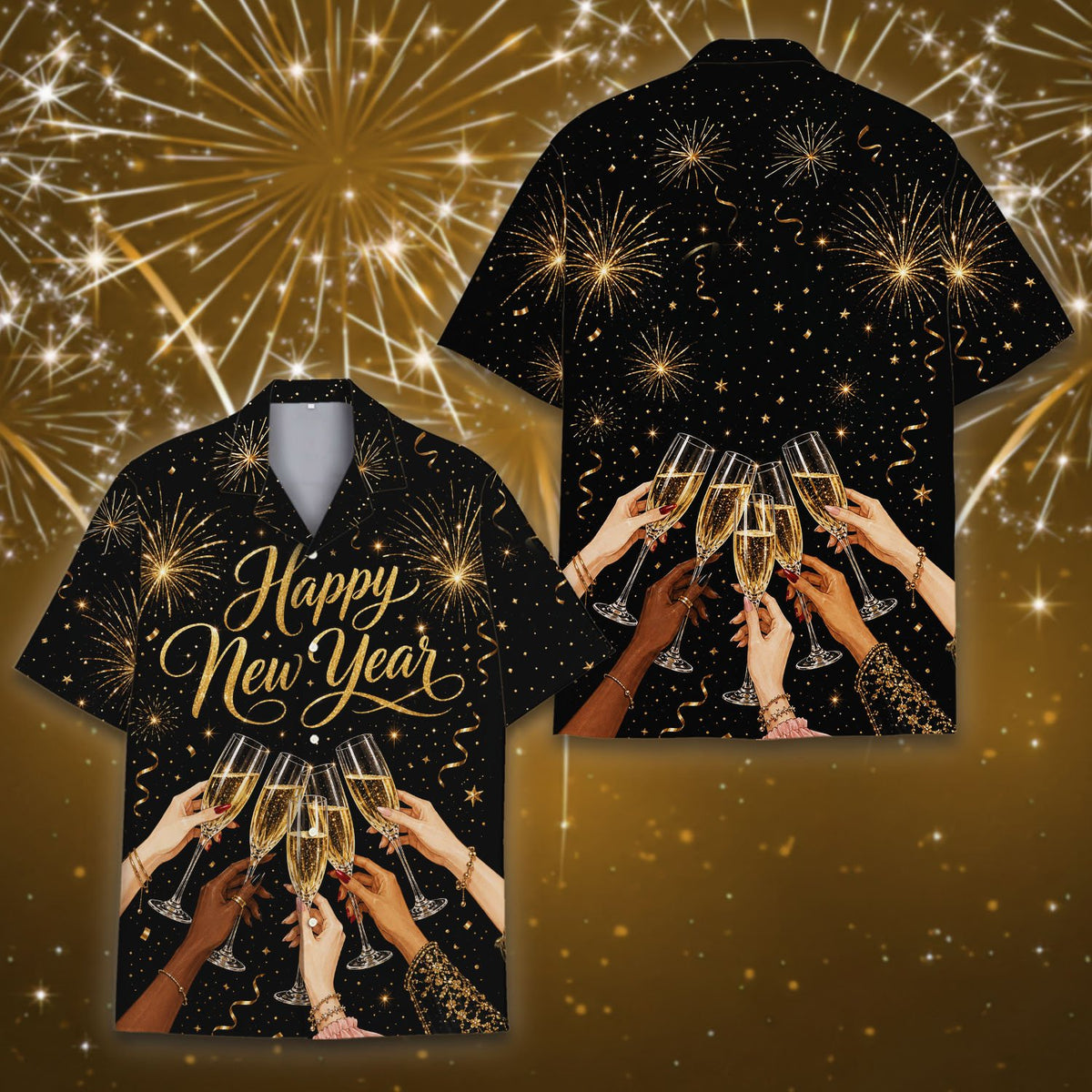 Black and gold holiday hawaiian shirt with happy new year text front view