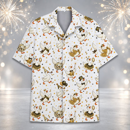 Front view of the matching family hawaiian shirt with party geese design on yellow background