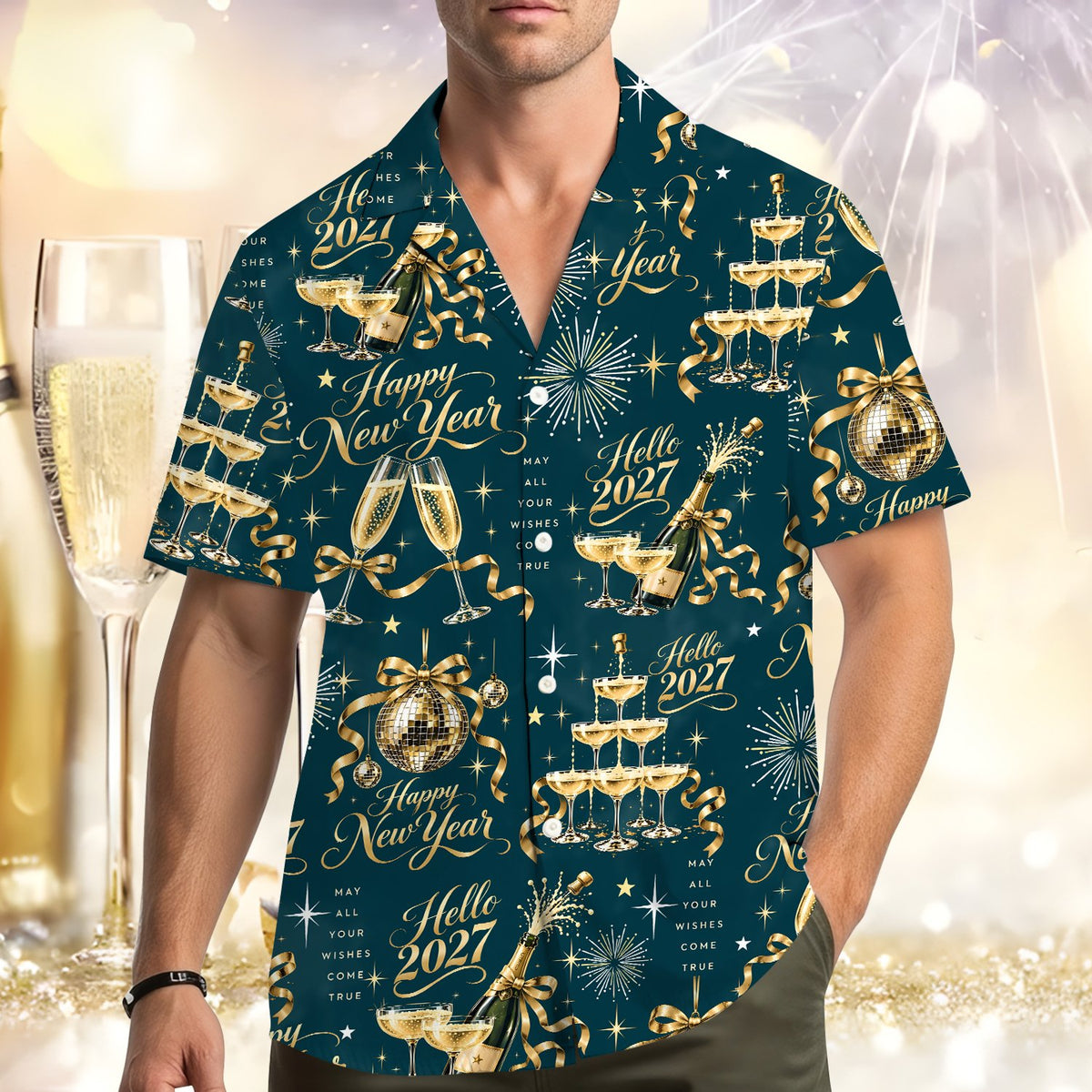 Close up front view of matching family hawaiian shirts for New Year