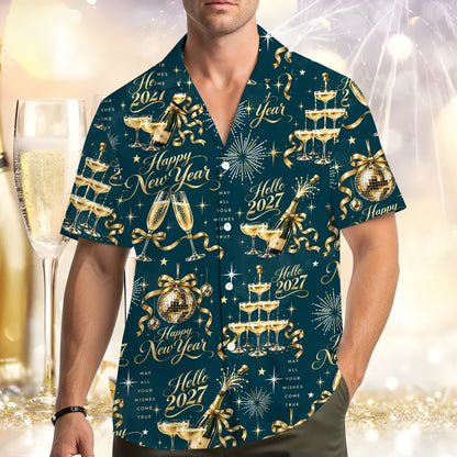 Close up front view of matching family hawaiian shirts for New Year