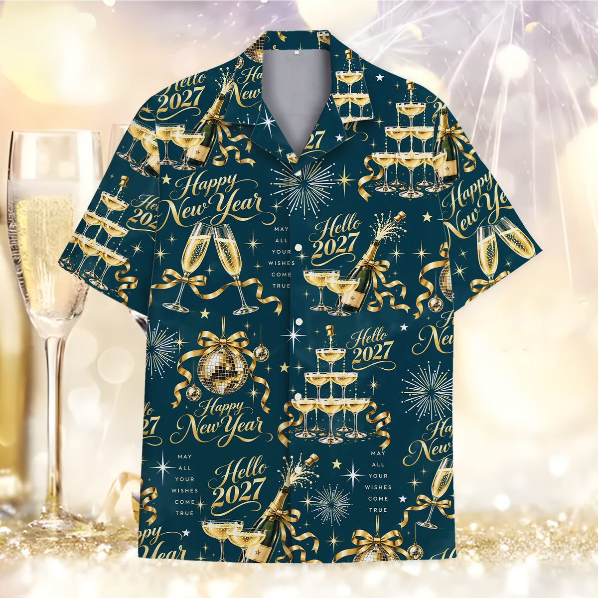 Detailed front view of navy new hawaiian shirt