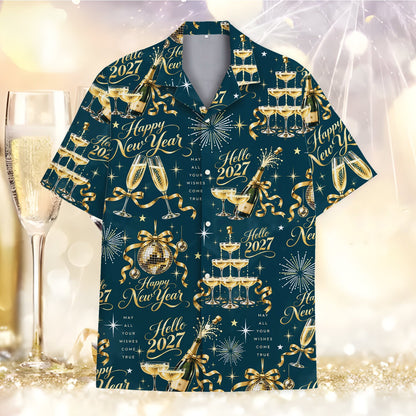 Detailed front view of navy new hawaiian shirt