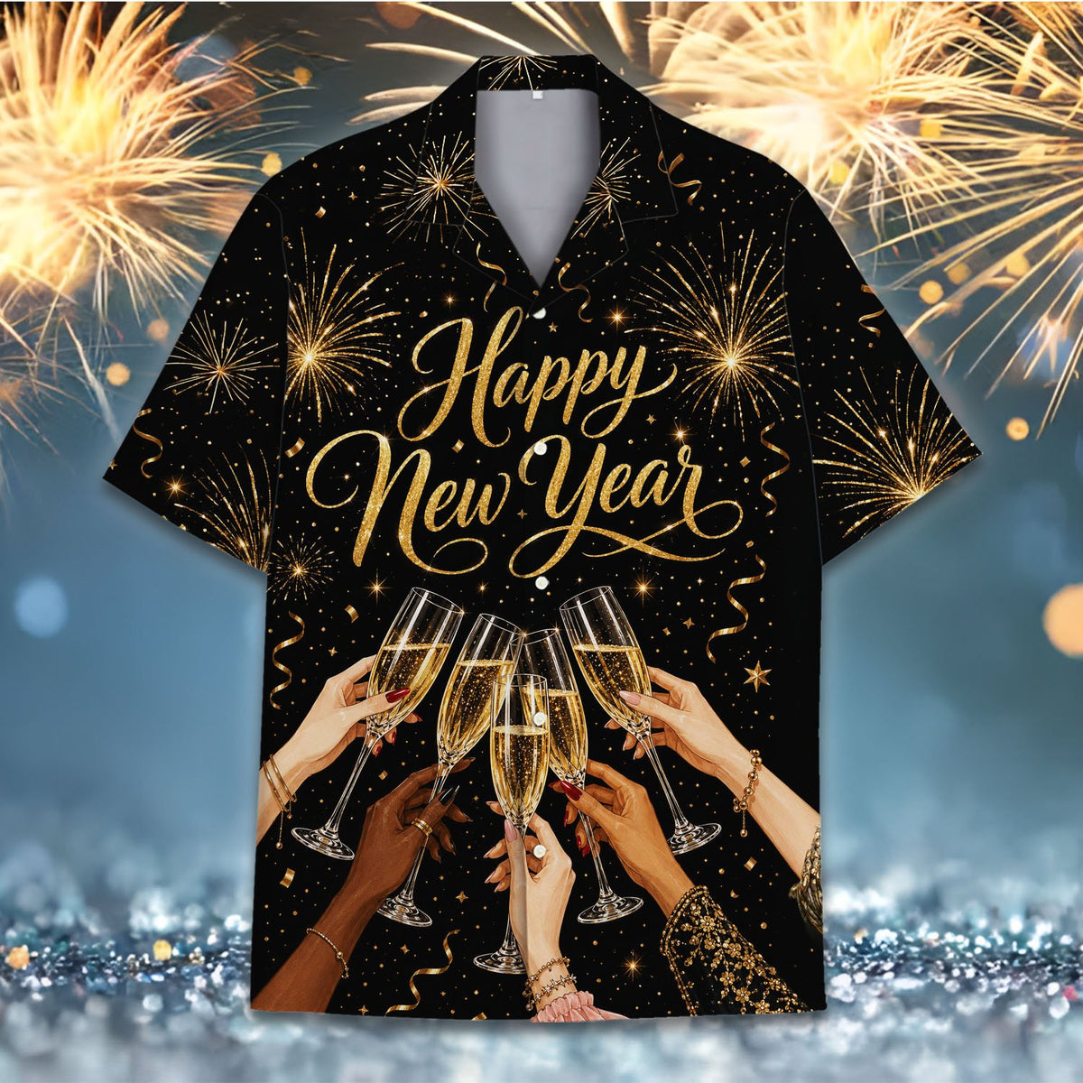 Matching family hawaiian shirt with confetti and ribbons front view