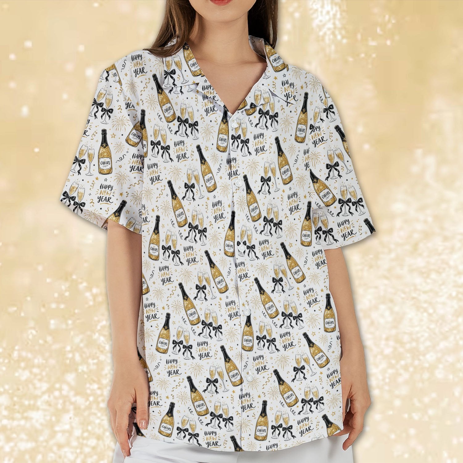Front view of the white new year hawaiian shirt with gold fireworks