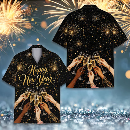 Matching family hawaiian shirts with fireworks and champagne toast front view