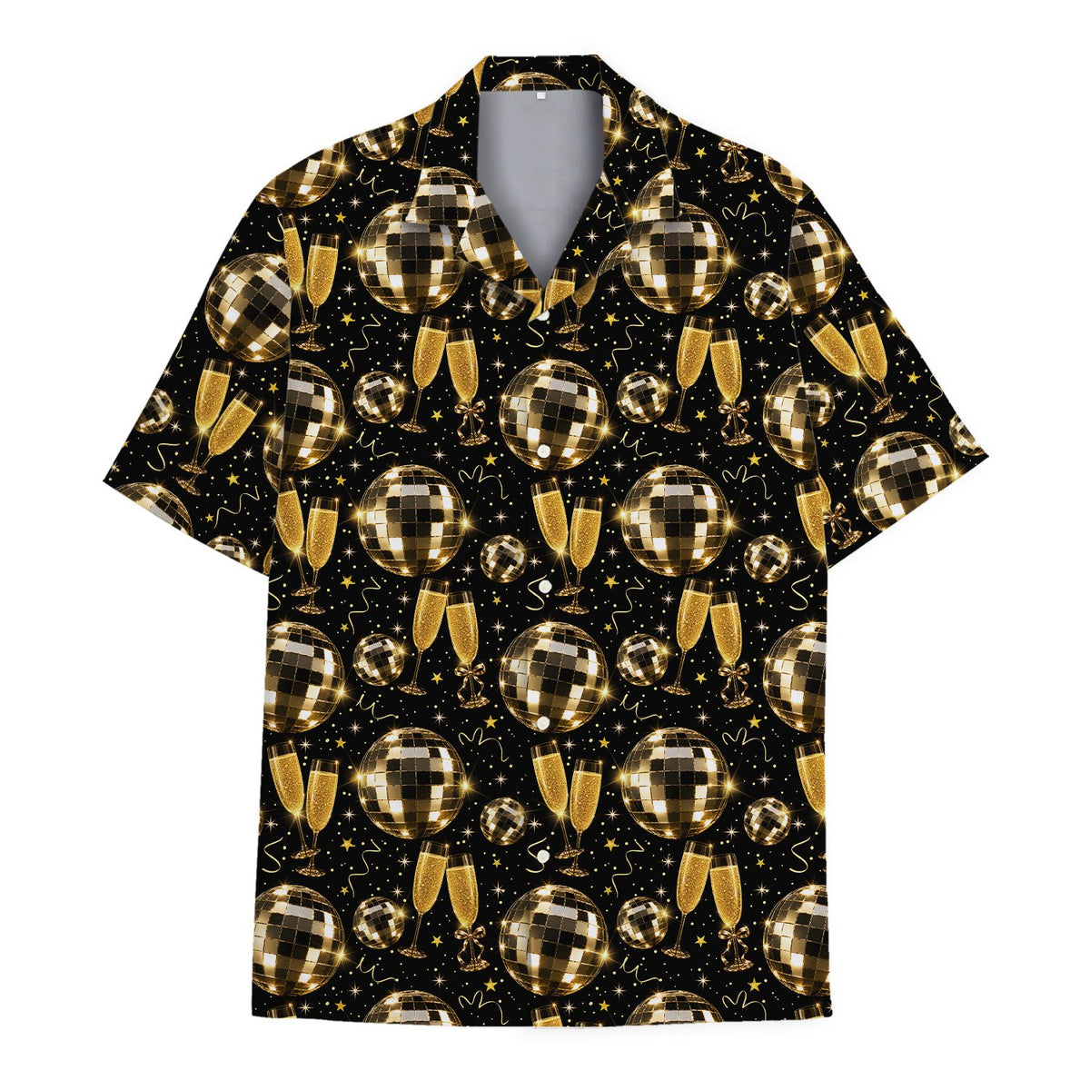 Matching family happy new year hawaiian shirt in black and gold, main view