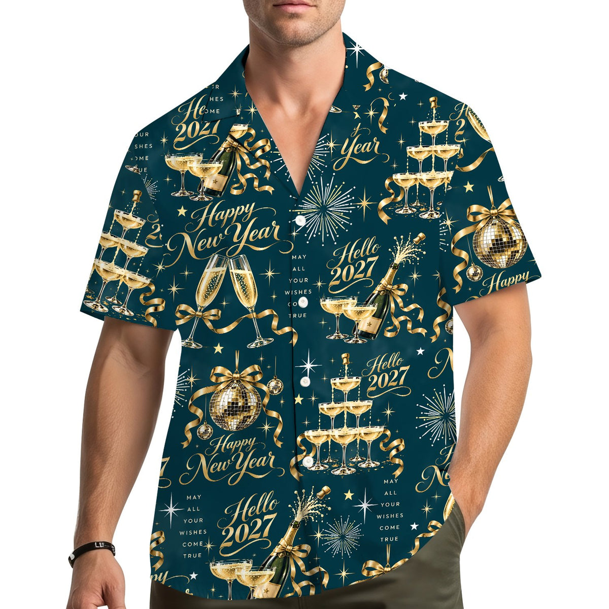 Matching family hawaiian shirts in navy with gold New Year design, main view