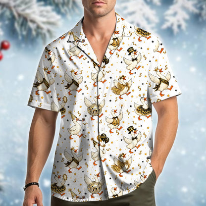 Lifestyle image of someone wearing the yellow new year hawaiian shirt with party geese
