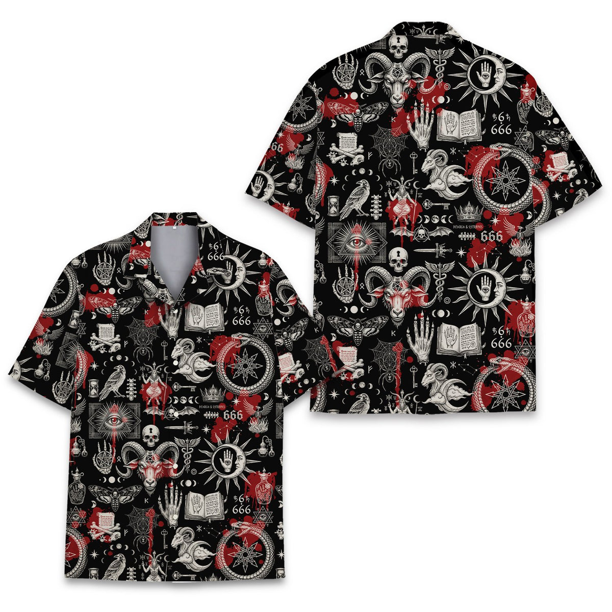 Matching family occult satanic hawaiian shirt featuring dark magic symbols on a black background, main view