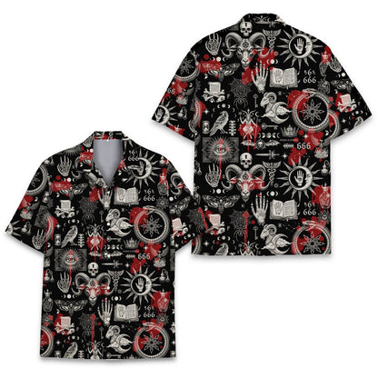 Matching family occult satanic hawaiian shirt featuring dark magic symbols on a black background, main view