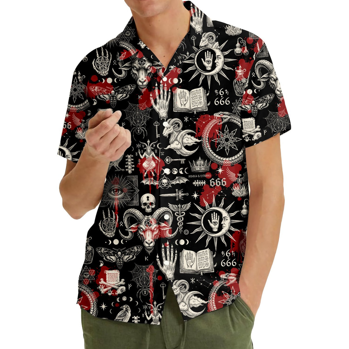 Another lifestyle view showcasing the matching family hawaiian shirts for Halloween
