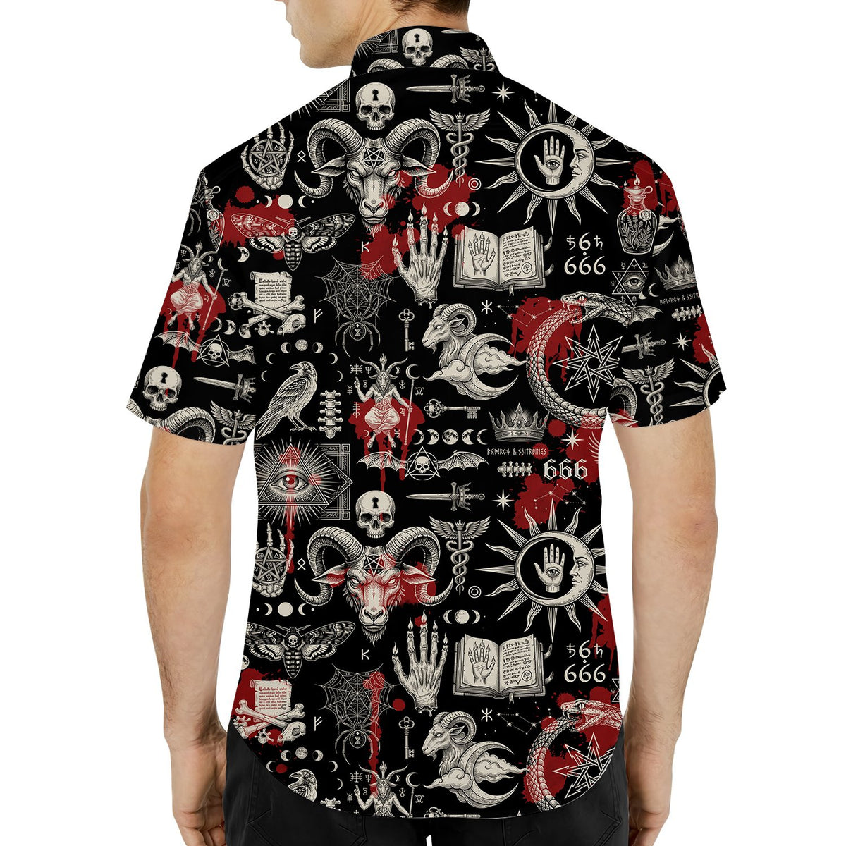 Close-up lifestyle view highlighting the dense pentagram and skull pattern on the hawaiian shirt