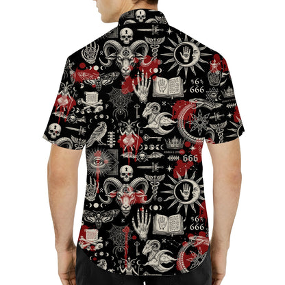 Close-up lifestyle view highlighting the dense pentagram and skull pattern on the hawaiian shirt