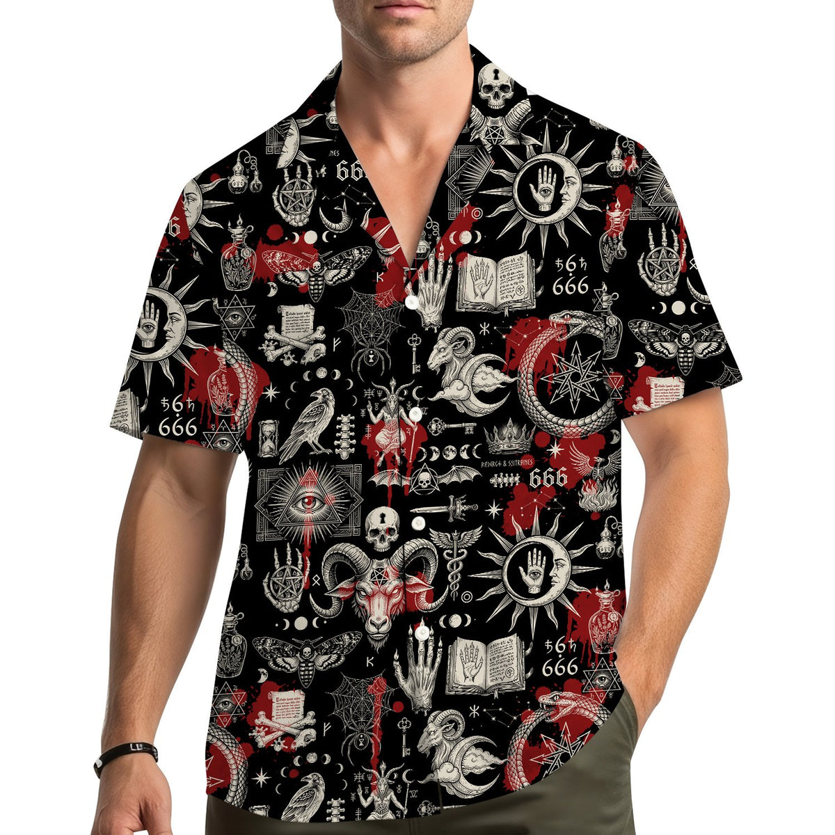 Lifestyle view of a person wearing the occult hawaiian shirt outdoors
