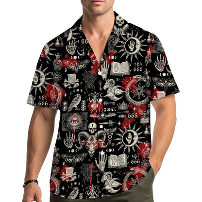 Lifestyle view of a person wearing the occult hawaiian shirt outdoors