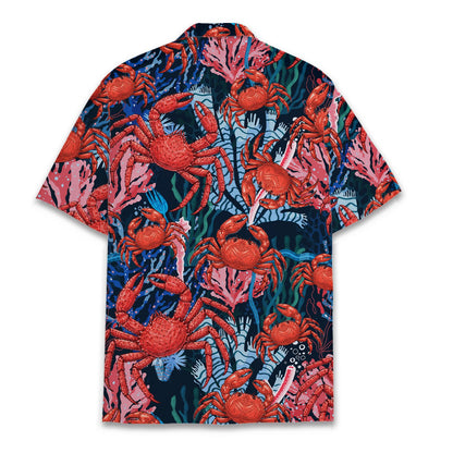 Detailed back view of the navy hawaiian shirt with red crabs