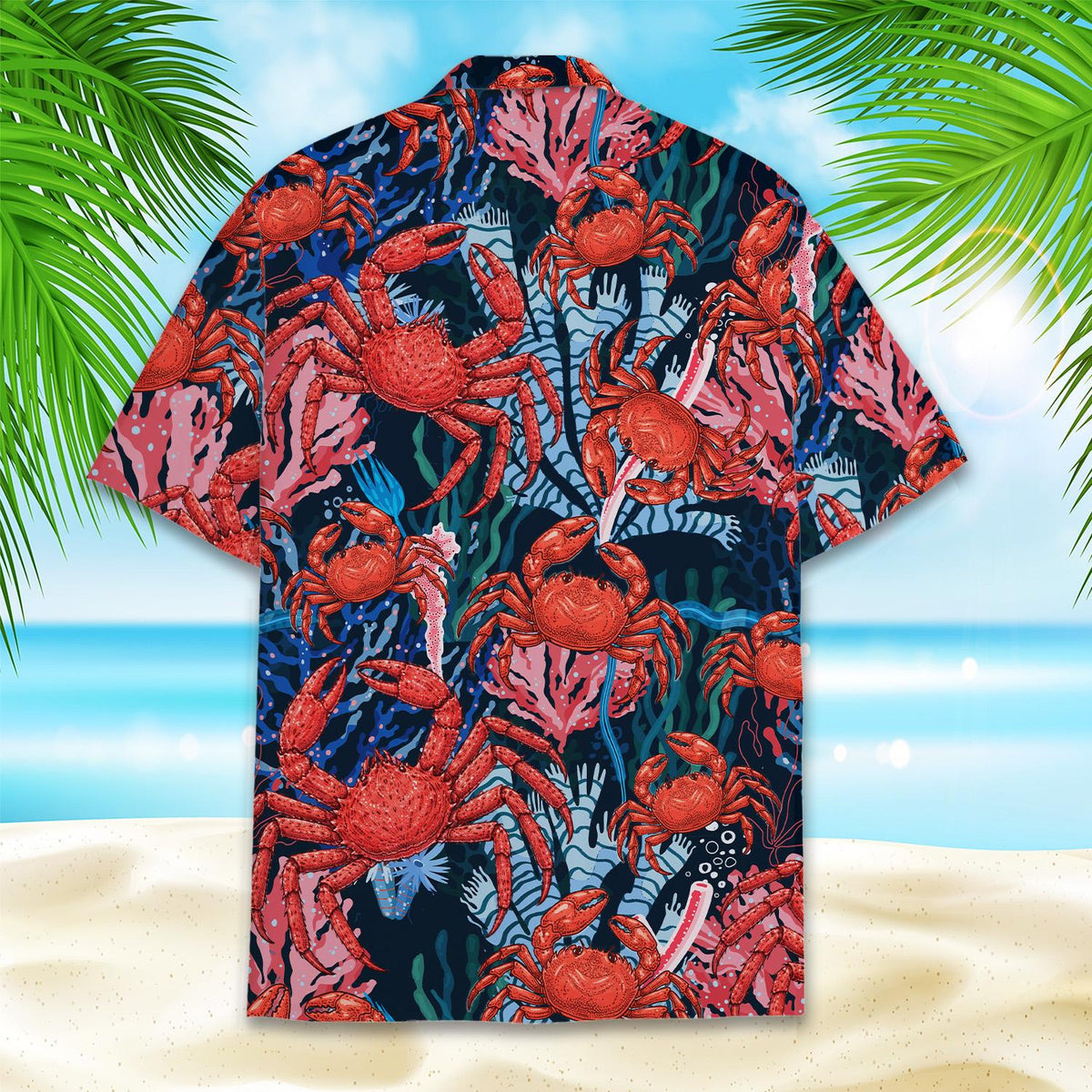 Back view of the ocean crabs hawaiian shirt displaying the seamless pattern