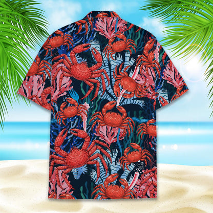 Back view of the ocean crabs hawaiian shirt displaying the seamless pattern