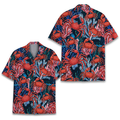 Detailed front view of the navy ocean crabs hawaiian shirt