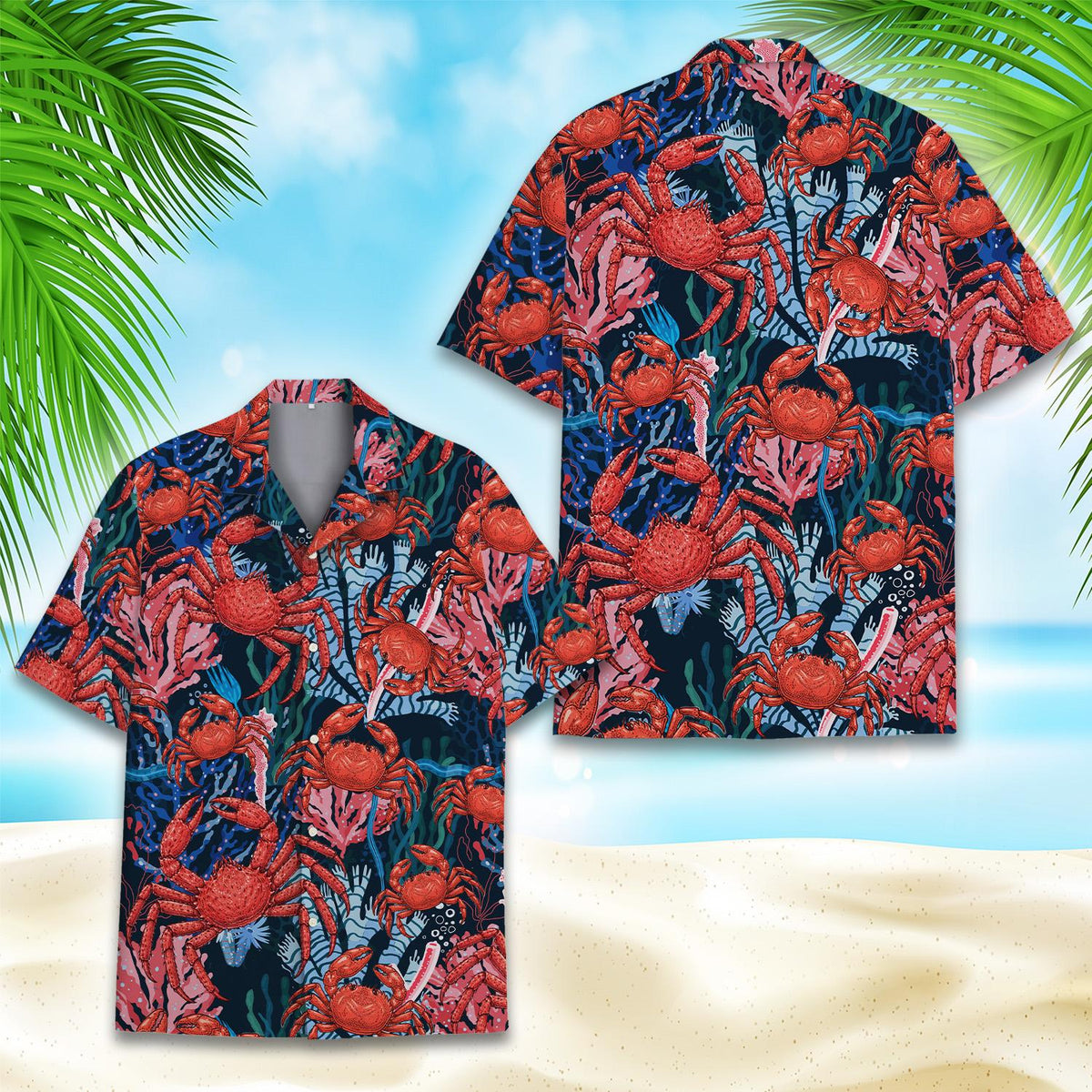 Additional front view showing the button-down style and ocean crabs pattern