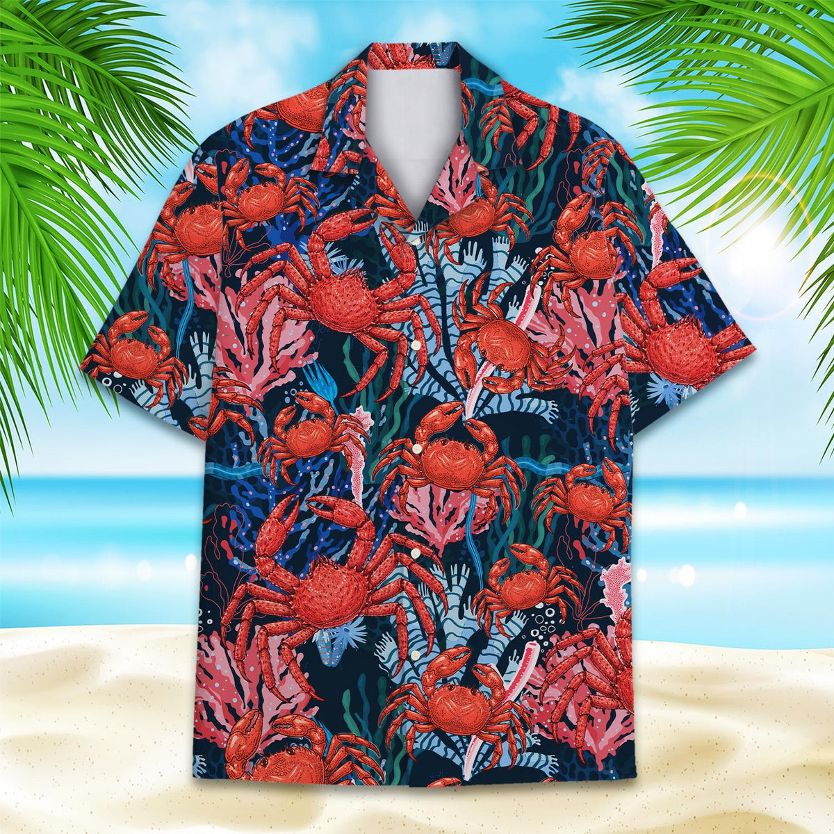 Front view of the ocean crabs hawaiian shirt with vibrant seaweeds