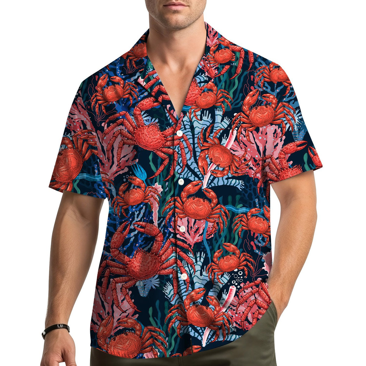 Lifestyle view of people wearing matching family hawaiian shirts with the ocean crabs design