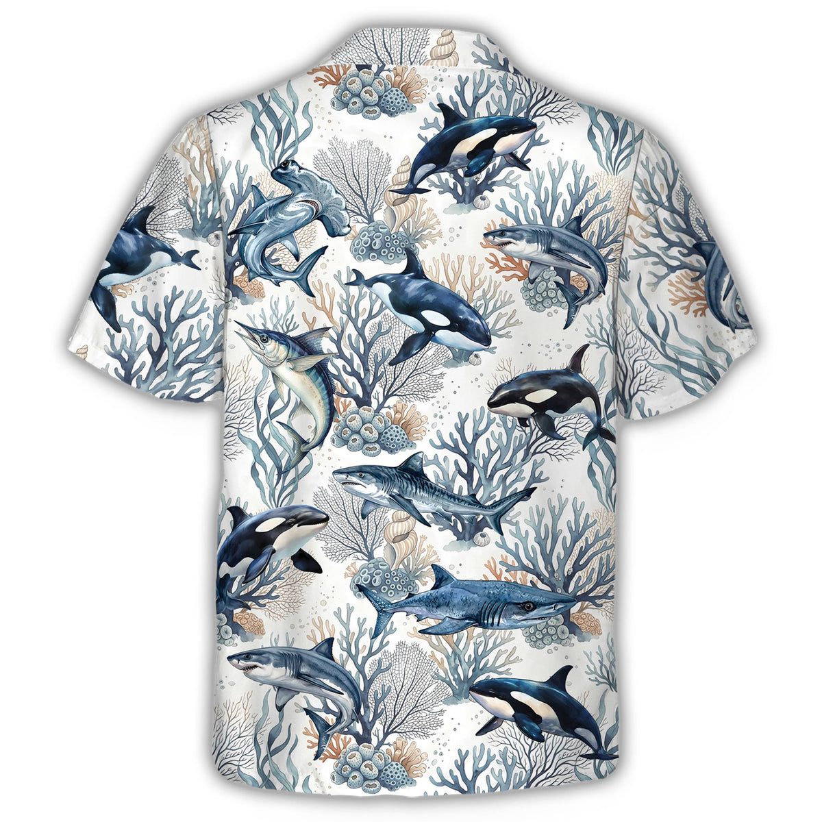 Back view of the ocean hawaiian shirt displaying sharks and orcas