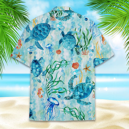 Second back view of the light blue ocean theme hawaiian shirt