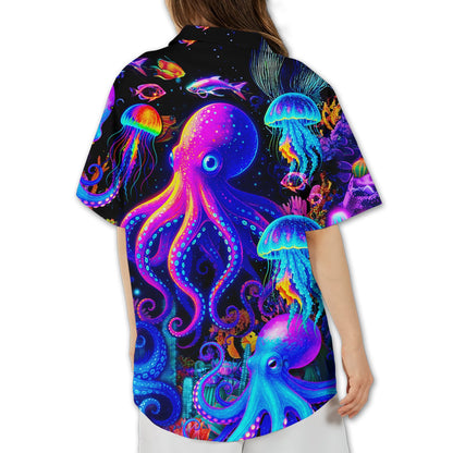 Back view of the neon ocean life hawaiian shirt